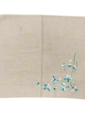 Homemade Cream Hanky/Handkerchief with Blue/Teal Embroidery